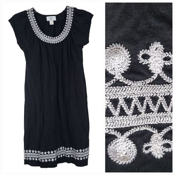 Ann Taylor LOFT Petites XSP Black Embroidered Jersey Knit Casual Dress Shift - Picture 1 of 8